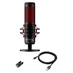 Imagen del micrófono USB HyperX QuadCast en colores negro y rojo con iluminación roja, ideal para streaming. SKU: 4P5P6AA