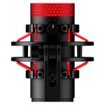 Imagen del micrófono USB HyperX QuadCast en colores negro y rojo con iluminación roja, ideal para streaming. SKU: 4P5P6AA