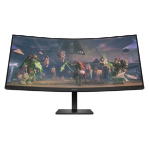 Imagen del monitor gaming curvo OMEN by HP de 34 pulgadas con resolución WQHD, 165 Hz de frecuencia de actualización y SKU 780K8E9#ABB
