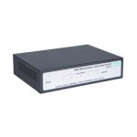 Vista del switch HPE OfficeConnect 1420 5G, un dispositivo no administrado L2 con 5 puertos Gigabit Ethernet y SKU JH327A. Carcasa gris en tamaño 1U.