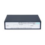 Vista del switch HPE OfficeConnect 1420 5G, un dispositivo no administrado L2 con 5 puertos Gigabit Ethernet y SKU JH327A. Carcasa gris en tamaño 1U.