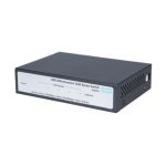 Vista del switch HPE OfficeConnect 1420 5G, un dispositivo no administrado L2 con 5 puertos Gigabit Ethernet y SKU JH327A. Carcasa gris en tamaño 1U.