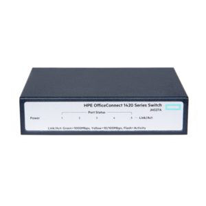 Vista del switch HPE OfficeConnect 1420 5G, un dispositivo no administrado L2 con 5 puertos Gigabit Ethernet y SKU JH327A. Carcasa gris en tamaño 1U.