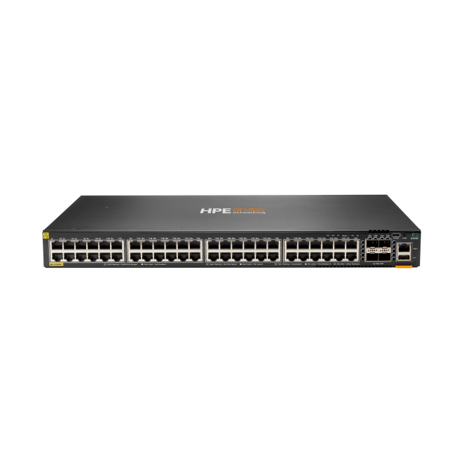 HPE Aruba Switch CX 6300F 48-Port 1GbE PoE Imagen del switch HPE Aruba Networking CX 6300F con 48 puertos 1GbE PoE y 4 puertos SFP56, SKU JL665A