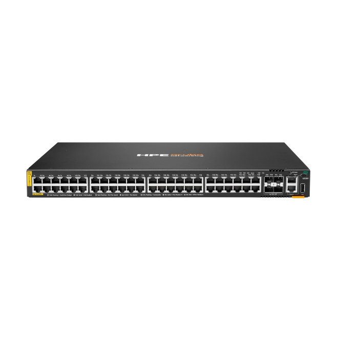 HPE Aruba Networking Switch CX 6200F 48G PoE 4SFP+ 740W Switch HPE Aruba Networking CX 6200F con 48 puertos Gigabit, PoE de clase 4, 4 puertos SFP+ y fuente de alimentación de 740W, SKU JL728B