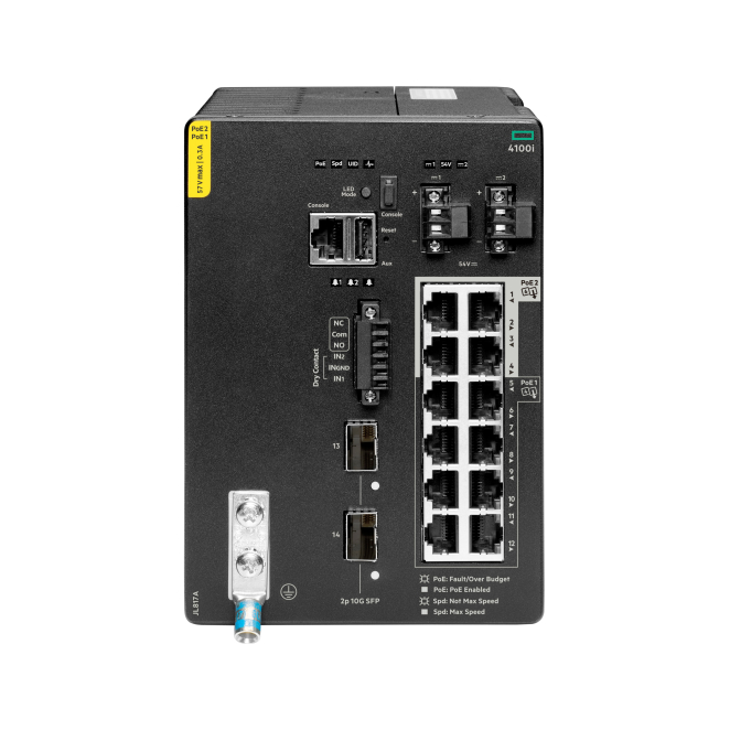 HPE Aruba Networking Switch CX 4100i con 12 puertos 1GbE y soporte PoE HPE Aruba Networking CX 4100i switch con 12 puertos 1GbE, 8 puertos PoE clase 4 y 4 puertos PoE clase 6, y 2 SFP+ con montaje DIN, SKU: JL817A