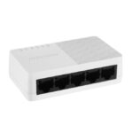 Imagen del Hikvision switch modelo DS-3E0105D-O con conectividad Fast Ethernet 10/100 en colores negro y blanco.