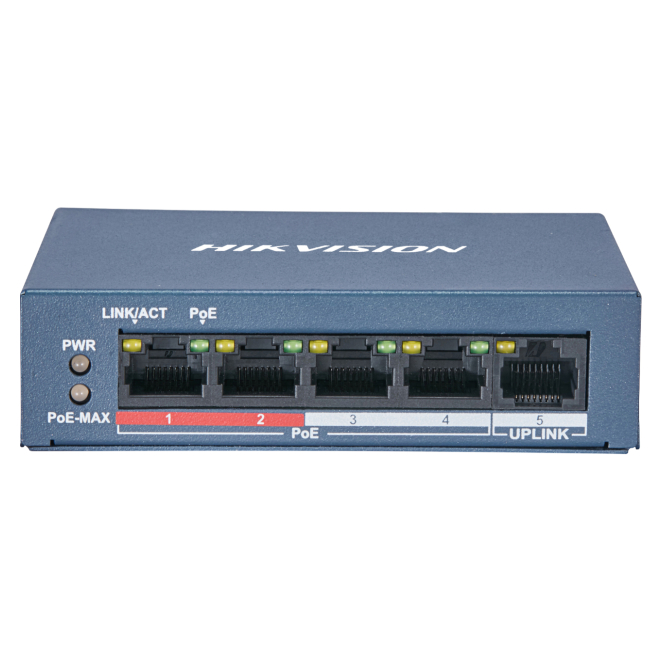 Hikvision Switch L2 Fast Ethernet con Energía sobre Ethernet PoE Gris Imagen del Hikvision Switch L2 Fast Ethernet modelo DS-3E0105P-E/M(B), color gris, con Energía sobre Ethernet (PoE) y soporte para velocidades de 10/100 Mbps.