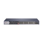 Vista frontal del switch Hikvision DS-3E0528HP-E, no administrado, Gigabit Ethernet 10/100/1000, con PoE, color azul, SKU DS-3E0528HP-E