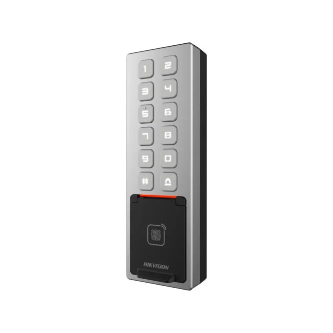 Hikvision lector de control de acceso con sistema básico en plata Lector de control de acceso Hikvision DS-K1T805MBFWX(STD) en color plata, modelo básico para control de accesos.