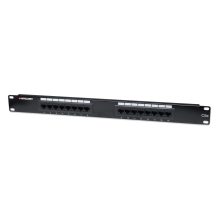 Panel de parcheo Intellinet 1U, modelo 513548, con 24 puertos RJ45 montado en rack.