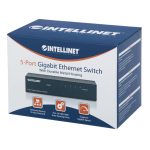 Vista frontal del switch Intellinet modelo 530378, con puertos Gigabit Ethernet 10/100/1000 y acabado en color negro.