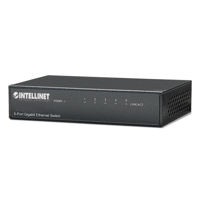 Intellinet Switch Gigabit Ethernet 10/100/1000 Negro Vista frontal del switch Intellinet modelo 530378, con puertos Gigabit Ethernet 10/100/1000 y acabado en color negro.