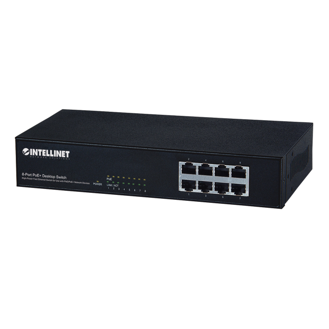 Intellinet switch Fast Ethernet PoE, Negro Intellinet 560764 switch Fast Ethernet 10/100 con Energía sobre Ethernet (PoE) en color negro.
