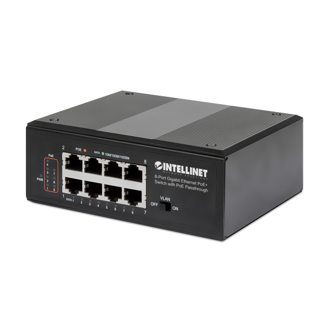 Intellinet switch Gigabit Ethernet con PoE Intellinet switch Gigabit Ethernet modelo 561624 con Energía sobre Ethernet (PoE) en color negro