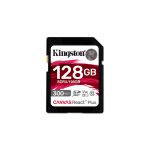 Kingston Technology 128GB Canvas React Plus SDXC UHS-II card with read speed of 300 MB/s and write speed of 260 MB/s, ideal for Full HD, 4K, and 8K videos. SKU SDR2/128GB.