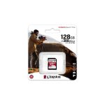 Kingston Technology 128GB Canvas React Plus SDXC UHS-II card with read speed of 300 MB/s and write speed of 260 MB/s, ideal for Full HD, 4K, and 8K videos. SKU SDR2/128GB.