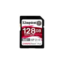 Kingston Technology 128GB Canvas React Plus SDXC UHS-II card with read speed of 300 MB/s and write speed of 260 MB/s, ideal for Full HD, 4K, and 8K videos. SKU SDR2/128GB.