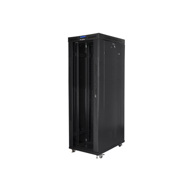 Lanberg Armario Rack 42U Independiente Negro Alta Capacidad Vista frontal del Lanberg armario rack 42U independiente en color negro, modelo FF01-8042-12BL, ideal para servidores y equipos de red.