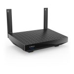 Router inalámbrico negro de la marca Linksys, modelo MR2000, con conectividad Gigabit Ethernet y doble banda 2.4 GHz y 5 GHz. SKU MR2000-KE