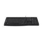 Imagen del teclado Logitech K120 para negocios, modelo universal con conexión USB, diseño QWERTY en inglés y color negro. SKU: 920-002524