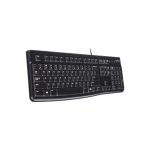 Imagen del teclado Logitech K120 para negocios, modelo universal con conexión USB, diseño QWERTY en inglés y color negro. SKU: 920-002524