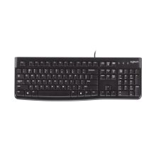 Imagen del teclado Logitech K120 para negocios, modelo universal con conexión USB, diseño QWERTY en inglés y color negro. SKU: 920-002524