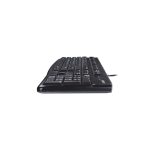 Imagen del teclado Logitech K120 para negocios, modelo universal con conexión USB, diseño QWERTY en inglés y color negro. SKU: 920-002524