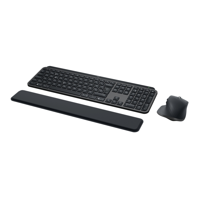 Logitech Combo de teclado y ratón Master MX Keys para oficinas Imagen del Logitech Master MX Keys Combo para negocios, un kit de teclado y ratón con conectividad RF inalámbrica y Bluetooth, diseño suizo QWERTZ en color grafito. SKU: 920-010928