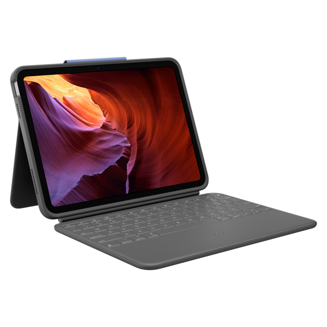 Logitech Rugged Folio con protección a prueba de golpes y teclado integrada Imagen del Logitech Rugged Folio con protección a prueba de golpes, teclado integrado para iPad y SKU 920-011200