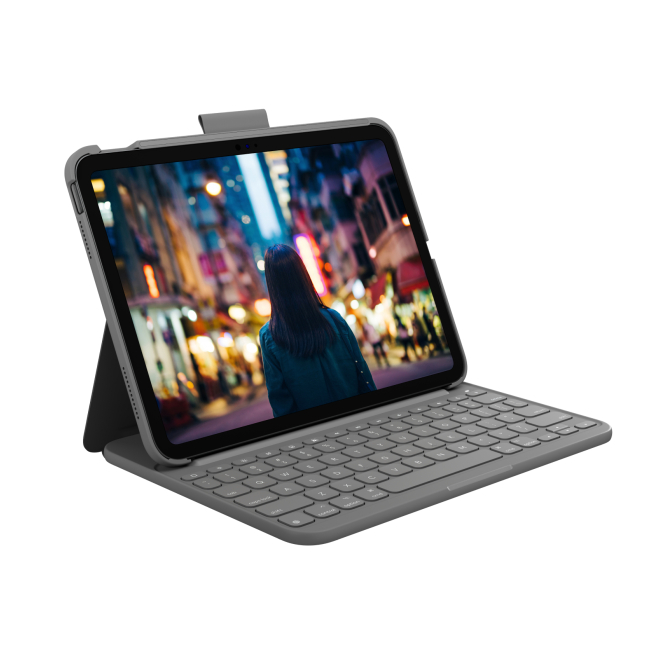Logitech Slim Folio con teclado inalámbrico y soporte integrado Vista frontal del Logitech Slim Folio, modelo 920-011423, con teclado inalámbrico y soporte ajustable para tablets.