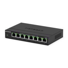 Imagen del Switch NETGEAR MS308, un dispositivo no administrado con 8 puertos de Ethernet que soporta velocidades de 100/1000/2500, en color negro. SKU: MS308-100EUS