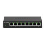 Imagen del Switch NETGEAR MS308, un dispositivo no administrado con 8 puertos de Ethernet que soporta velocidades de 100/1000/2500, en color negro. SKU: MS308-100EUS