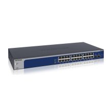 Imagen del NETGEAR XS724EM, un switch gestionado L2 con 24 puertos 10G Ethernet en unidad de rack 1U, de color azul y gris, SKU: XS724EM-200EUS