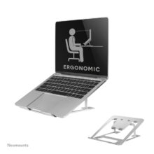 Neomounts soporte plegable y compacto para portátiles de 10 a 17 pulgadas, SKU NSLS085SILVER, ideal para ahorrar espacio y mejorar la ergonomía