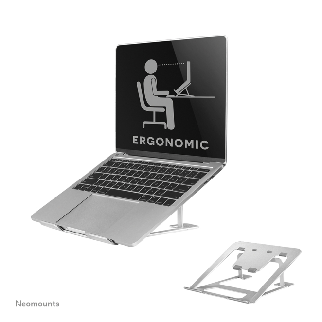 Neomounts soporte para portátil, plegable y compacto, universal para 10-17 pulgadas Neomounts soporte plegable y compacto para portátiles de 10 a 17 pulgadas, SKU NSLS085SILVER, ideal para ahorrar espacio y mejorar la ergonomía