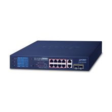 Imagen que muestra el switch no administrado PLANET modelo FGSD-1022VHP, que soporta Fast Ethernet (10/100) y Energía sobre Ethernet (PoE). Colaboración eficiente en azul.