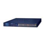 Switch No Administrado PLANET FGSW-2622VHP con 24 puertos Fast Ethernet 10/100, soporte PoE y diseño 1U en color azul. SKU: FGSW-2622VHP.
