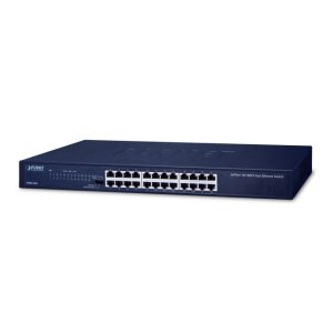 Imagen del switch no administrado Fast Ethernet PLANET FNSW-2401 con 24 puertos de 10/100 Mbps y diseño 1U en color azul. SKU: FNSW-2401