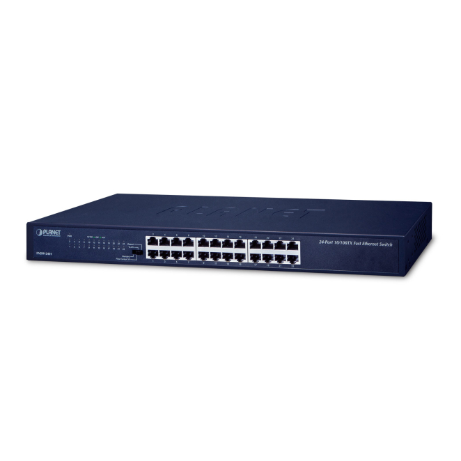 PLANET Switch No Administrado Fast Ethernet 24 Puertos 1U Imagen del switch no administrado Fast Ethernet PLANET FNSW-2401 con 24 puertos de 10/100 Mbps y diseño 1U en color azul. SKU: FNSW-2401