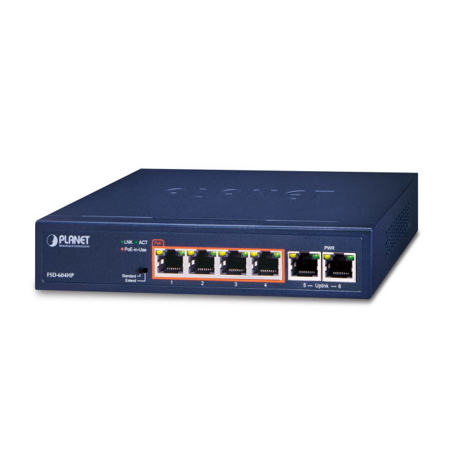 PLANET Switch No Administrado PoE Azul Fast Ethernet Imagen del switch PLANET FSD-604HP no administrado, con soporte PoE y puertos Fast Ethernet. SKU: FSD-604HP.