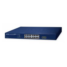 PLANET 16-Port 10/100/1000T 802.3at PoE + 2-Port 1000X SFP Web Smart Ethernet Switch, SKU GS-2210-16P2S. Incluye VLAN 802.1Q y Link Aggregation, gestión L2 y 240W PoE Budget