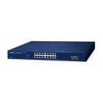 Vista frontal del switch PLANET 16 puertos 10/100/1000T + 2 puertos gestionados L2 Gigabit Ethernet en color azul - SKU: GS-2210-16T2S