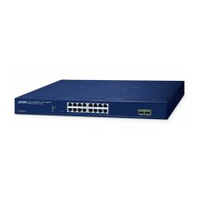 Vista frontal del switch PLANET 16 puertos 10/100/1000T + 2 puertos gestionados L2 Gigabit Ethernet en color azul - SKU: GS-2210-16T2S