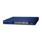 PLANET Switch Ethernet de 24 Puertos 10/100/1000T con PoE y 2 Puertos SFP, SKU GS-2210-24P2S, características de VLAN, Link Aggregation, IGMP gestionado, color azul.