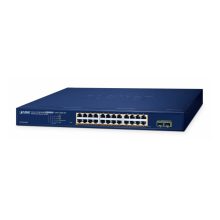 PLANET Switch Ethernet de 24 Puertos 10/100/1000T con PoE y 2 Puertos SFP, SKU GS-2210-24P2S, características de VLAN, Link Aggregation, IGMP gestionado, color azul.