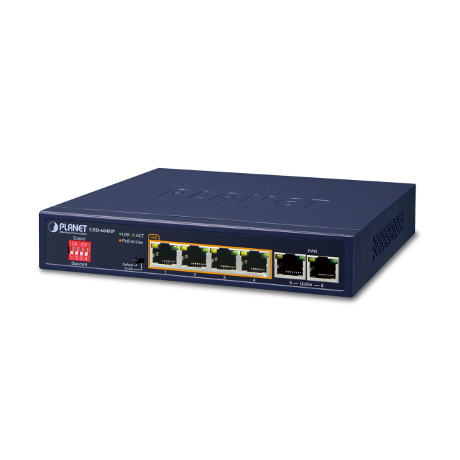 PLANET Switch Gigabit Ethernet No Administrado con PoE PLANET GSD-604HP, switch no administrado Gigabit Ethernet con energía sobre Ethernet (PoE), de color azul.
