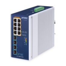 Switch no administrado PLANET IP30 industrial de 8 puertos Gigabit Ethernet 10/100/1000 fabricado en aluminio azul. SKU: IGS-1000-8UP4X