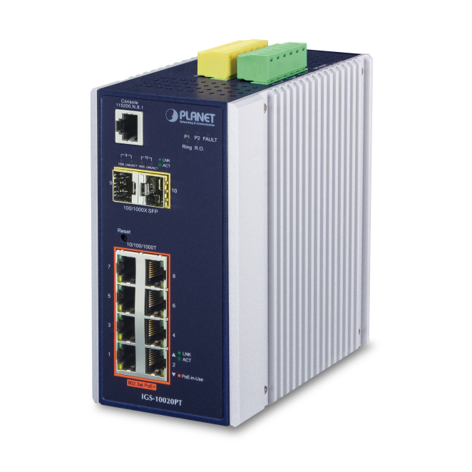 PLANET switch gestionado L3 Gigabit PoE color azul y blanco Switch gestionado PLANET IGS-10020PT L3 Gigabit Ethernet con PoE, colores azul y blanco. SKU: IGS-10020PT