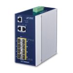 Imagen del switch gestionado PLANET IGS-10080MFT de 10 puertos Gigabit Ethernet con carcasa en colores azul y blanco. SKU: IGS-10080MFT.